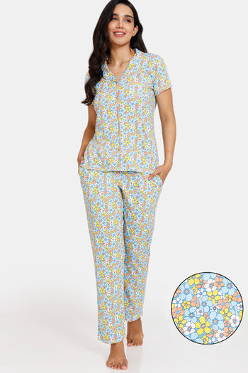 Buy Zivame Retro Flowers Knit Cotton Pyjama Set - Cyan Blue